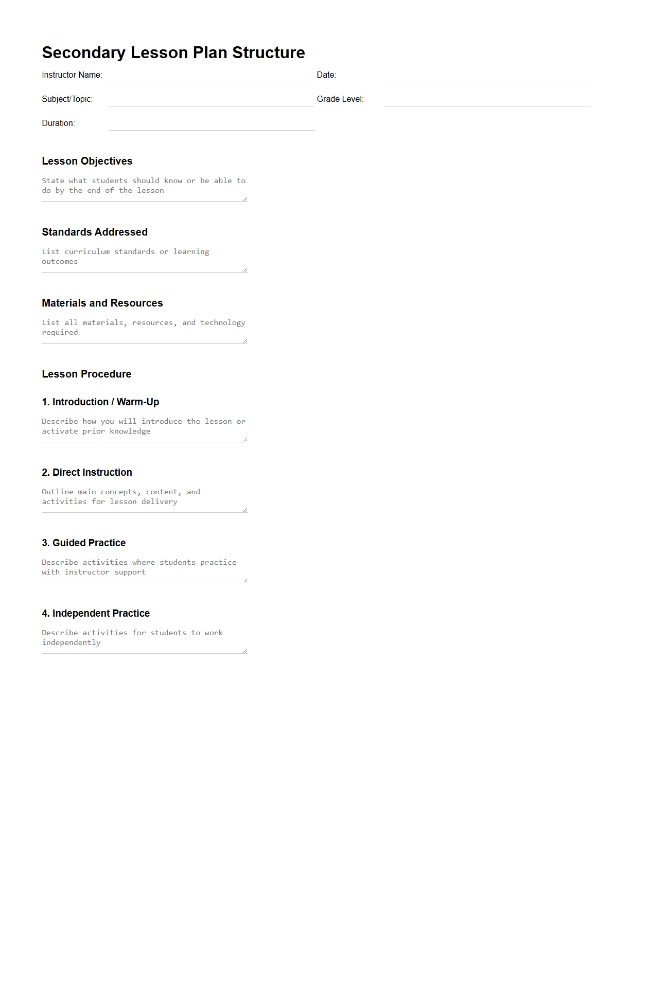 Secondary Lesson Plan Structure for Instructors