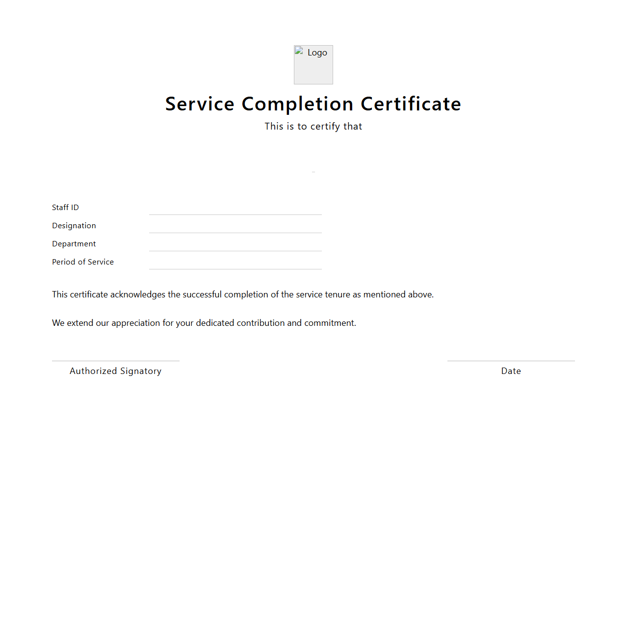 Service Completion Certificate Layout for Staff
