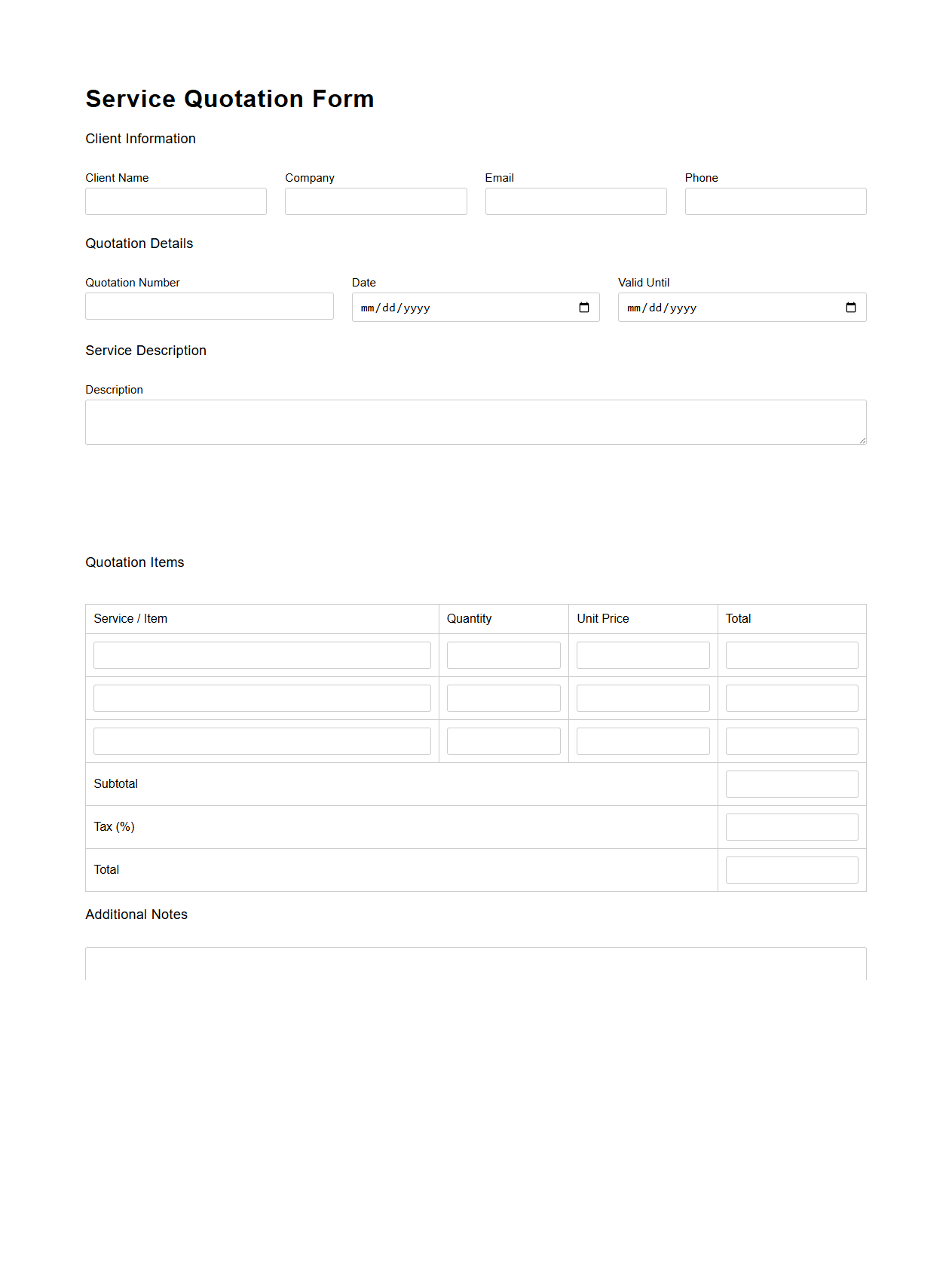 Service Quotation Form Template for Businesses