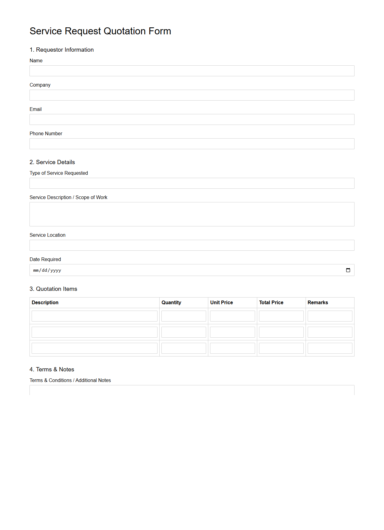 Service Request Quotation Form for Contractors