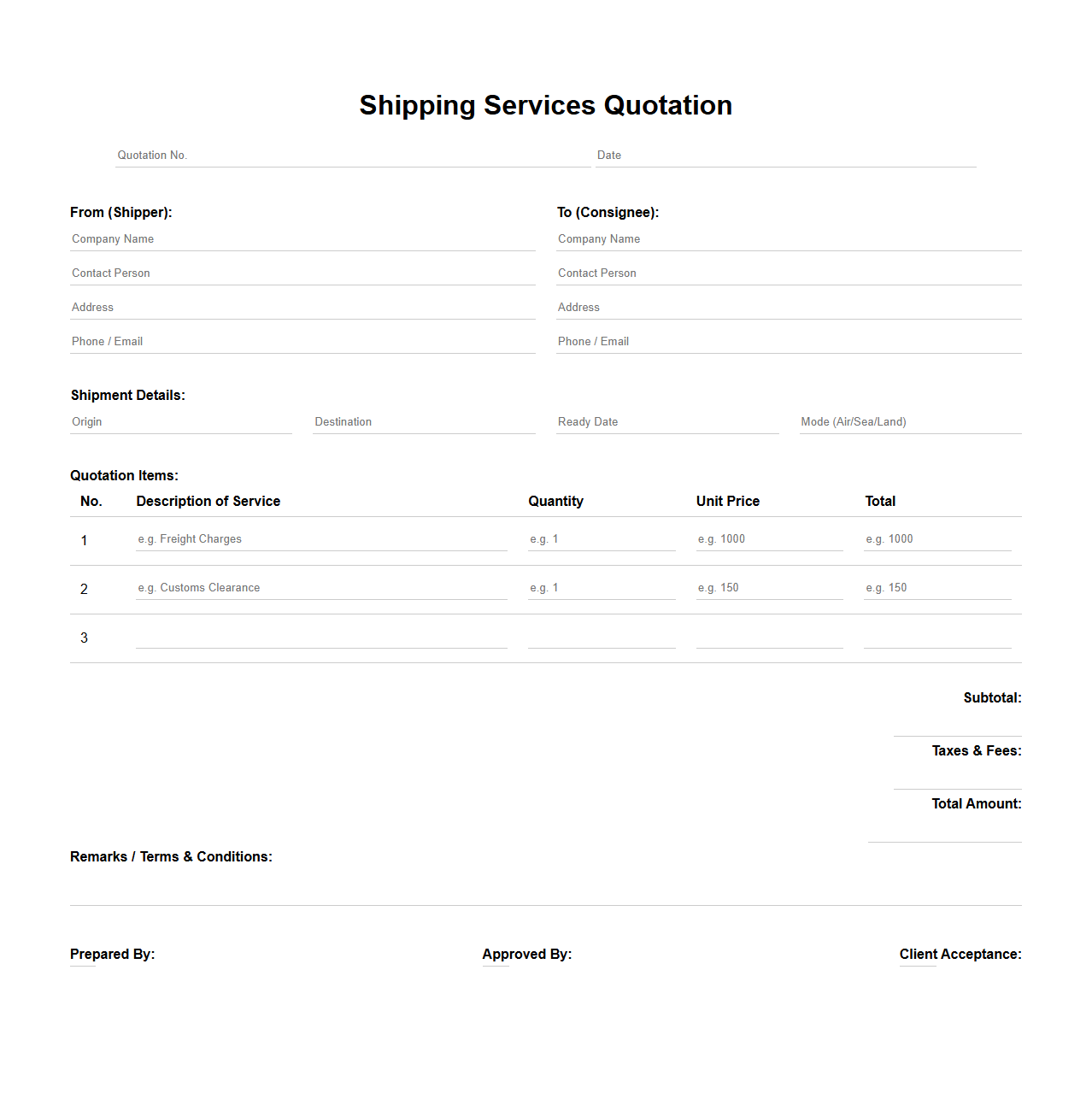 Shipping Services Quotation Template