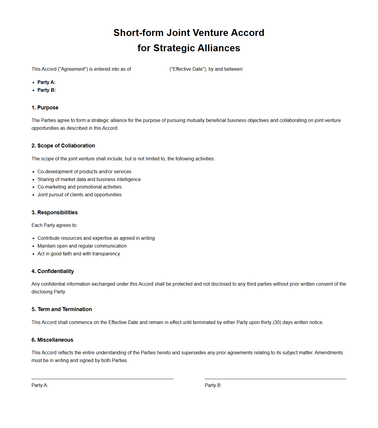 Short-form Joint Venture Accord for Strategic Alliances