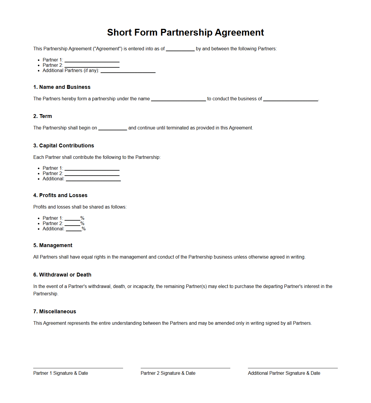 Short Form Partnership Agreement Template