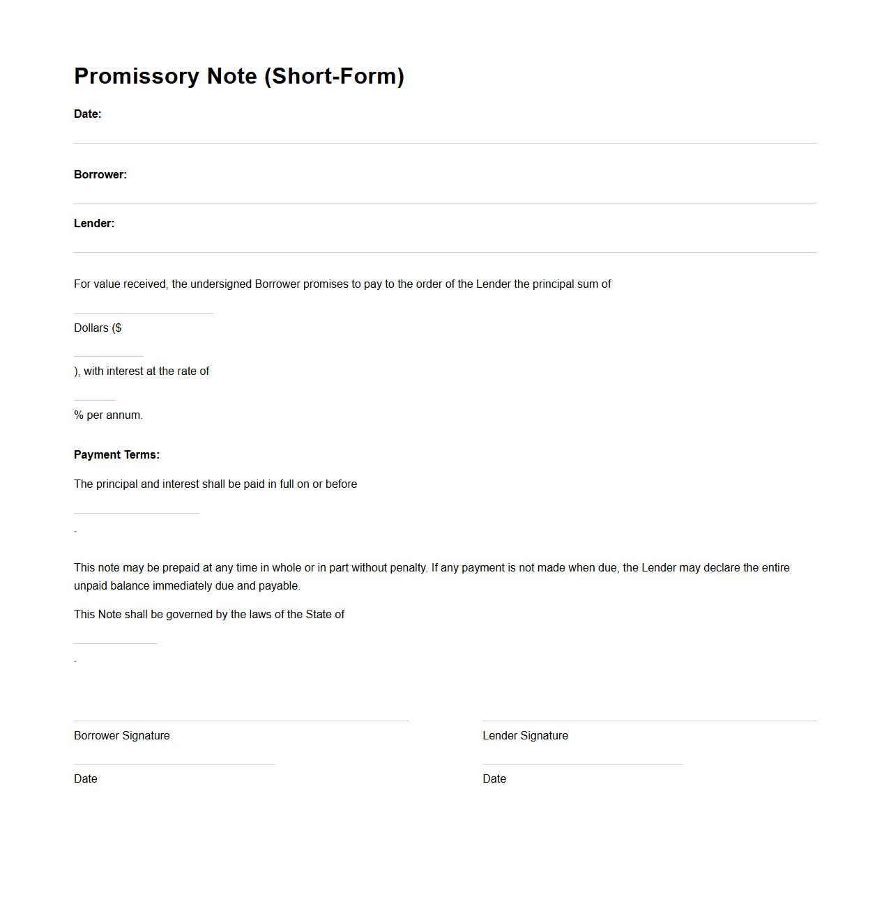 Short-Form Promissory Note for Borrowed Money
