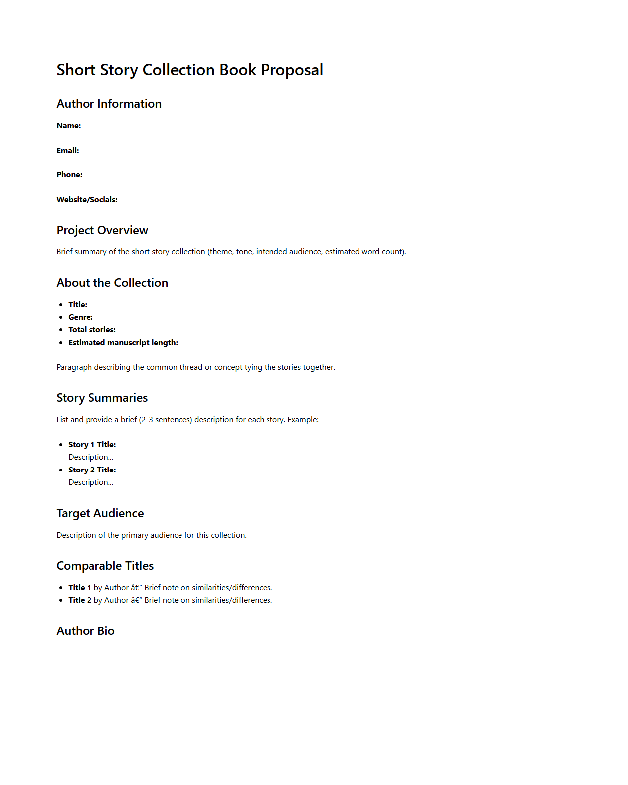 Short Story Collection Book Proposal Template