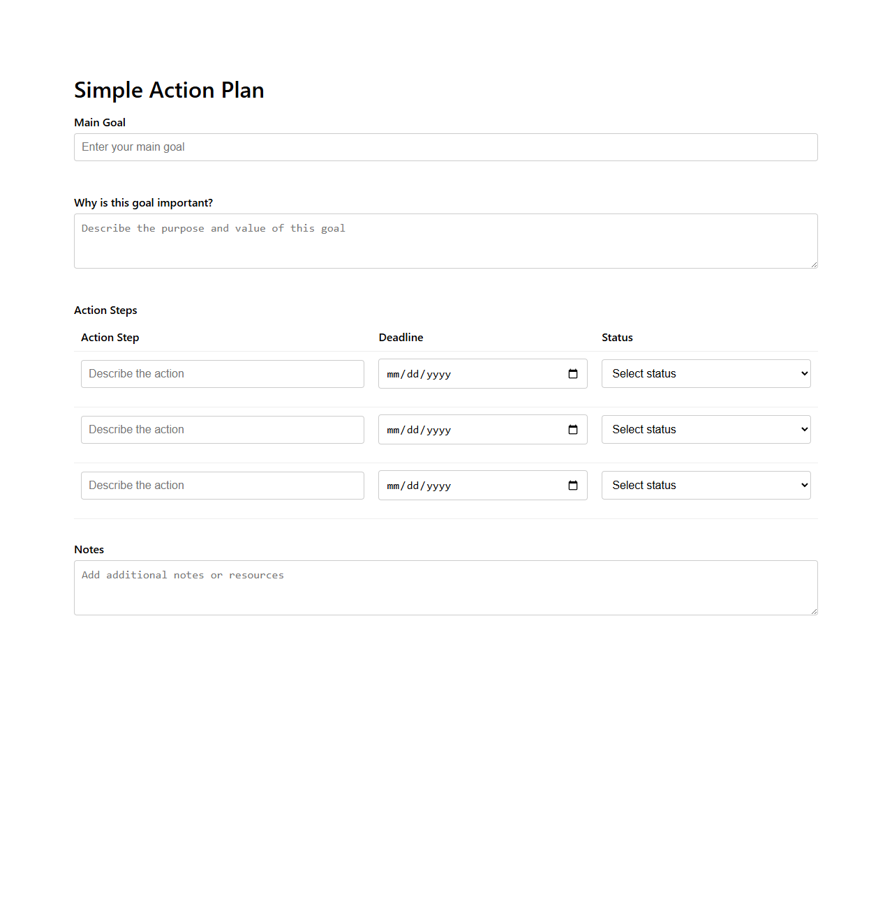 Simple Action Plan Layout for Goal Setting