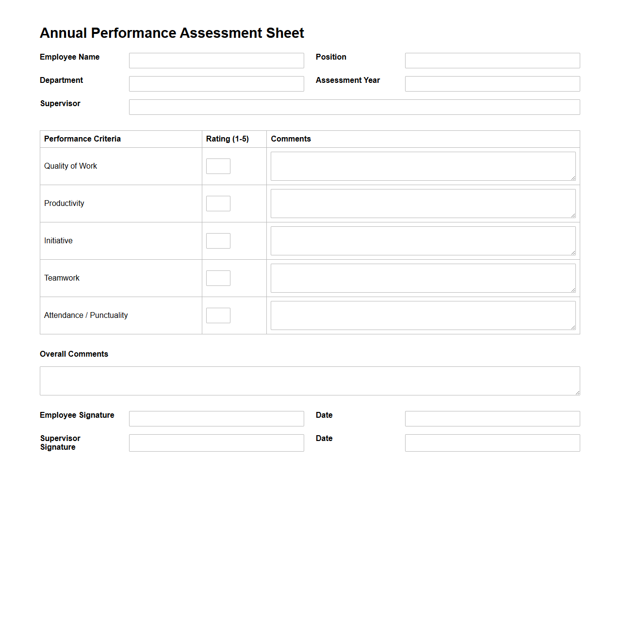 Simple Annual Performance Assessment Sheet