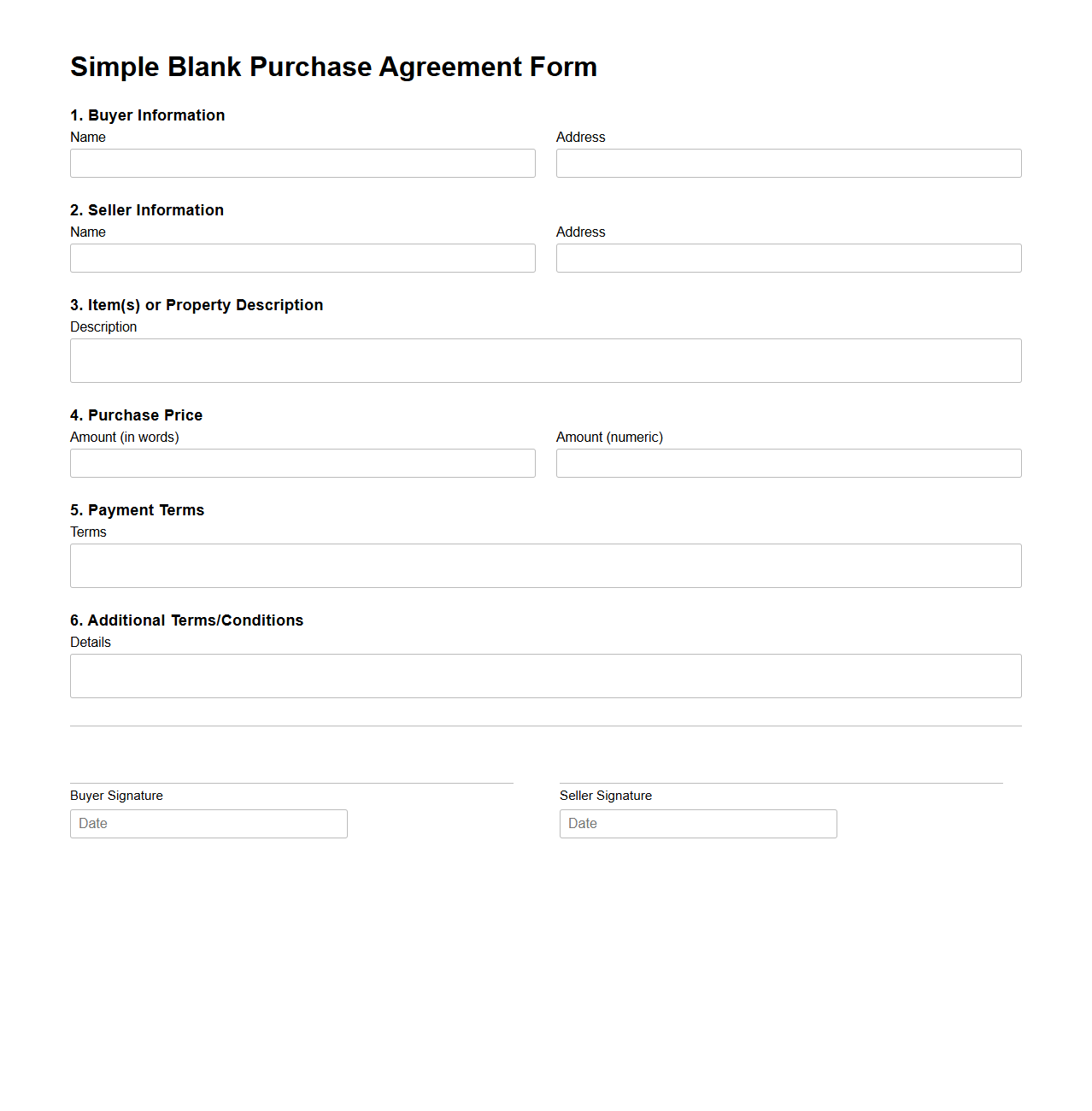 Simple Blank Purchase Agreement Form for Transactions