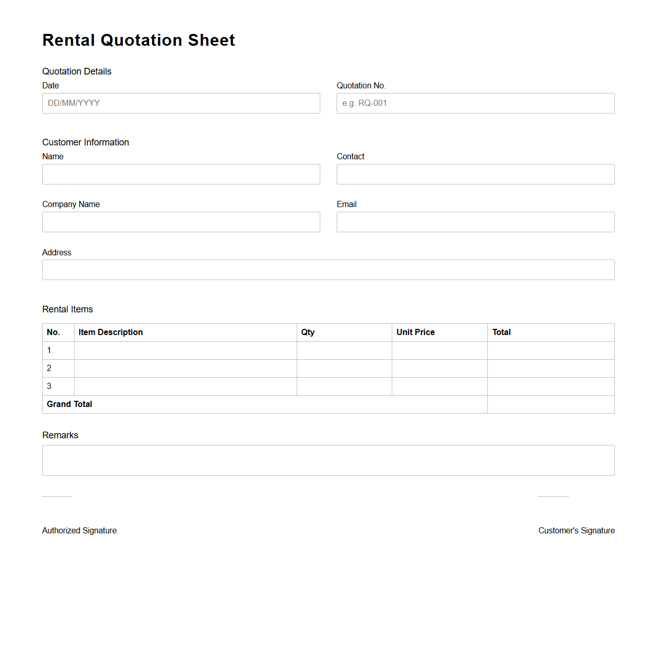 Simple Blank Rental Quotation Sheet