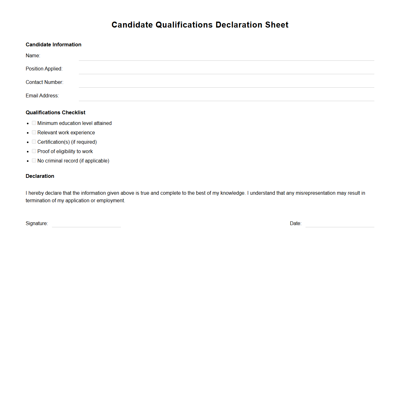 Simple Candidate Qualifications Declaration Sheet