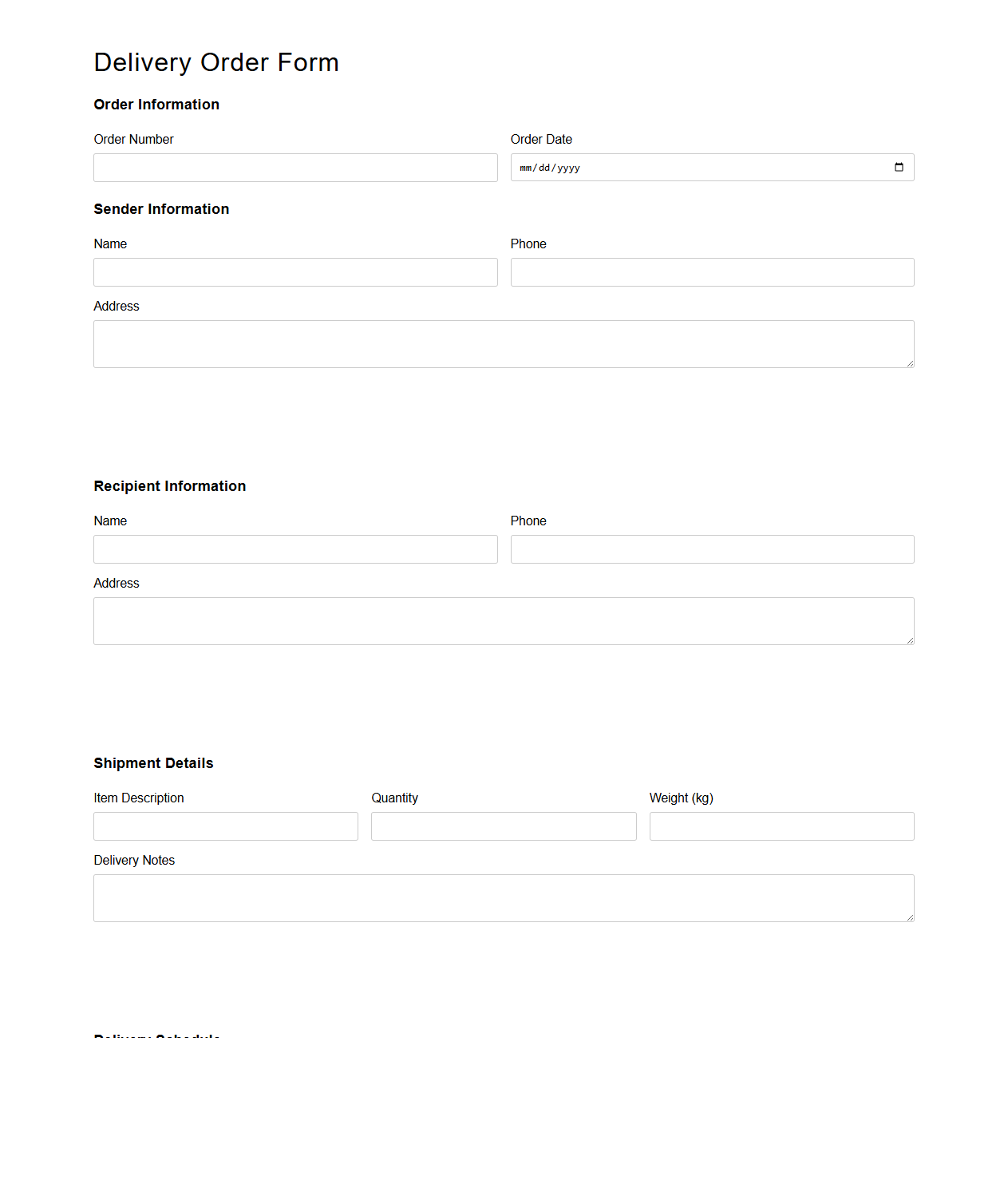 Simple Delivery Order Form Template for Shipping