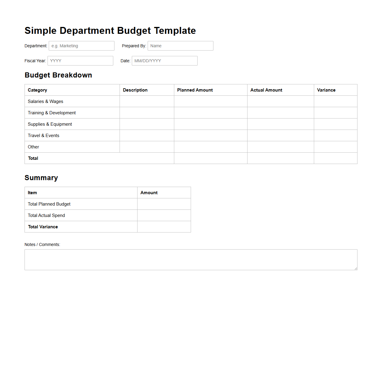 Simple Department Budget Template for Corporate Planning