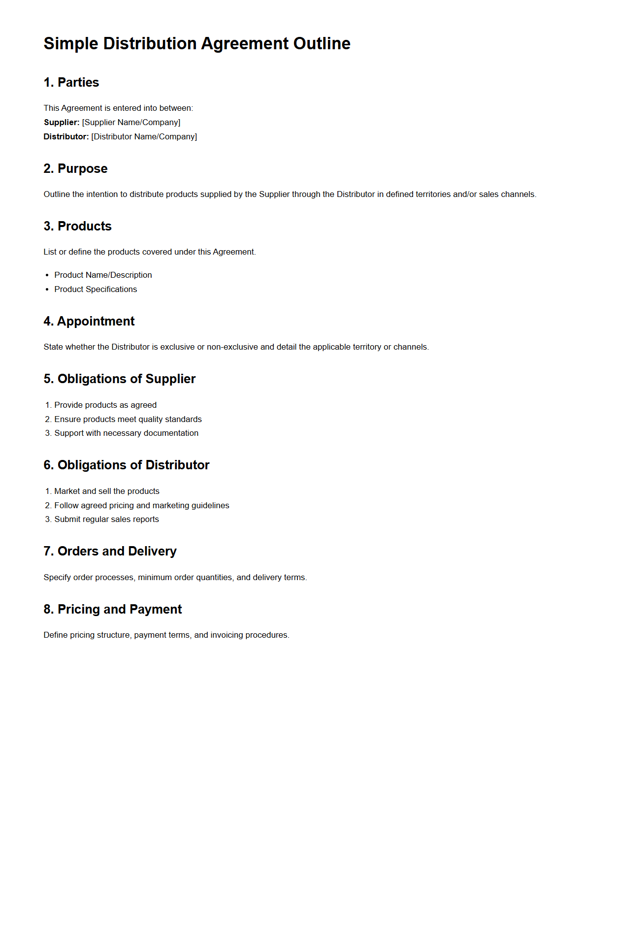 Simple Distribution Agreement Outline for Product Suppliers