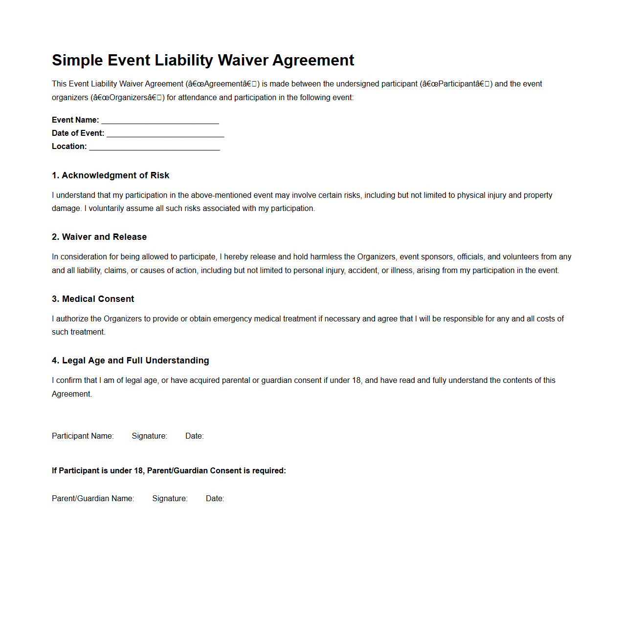 Simple Event Liability Waiver Agreement