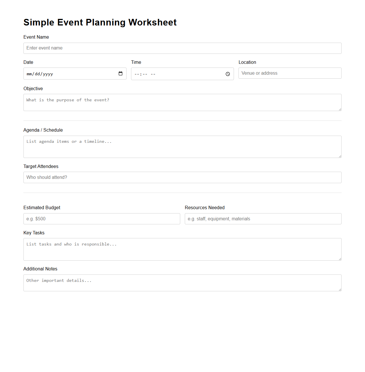 Simple Event Planning Worksheet for Organizers