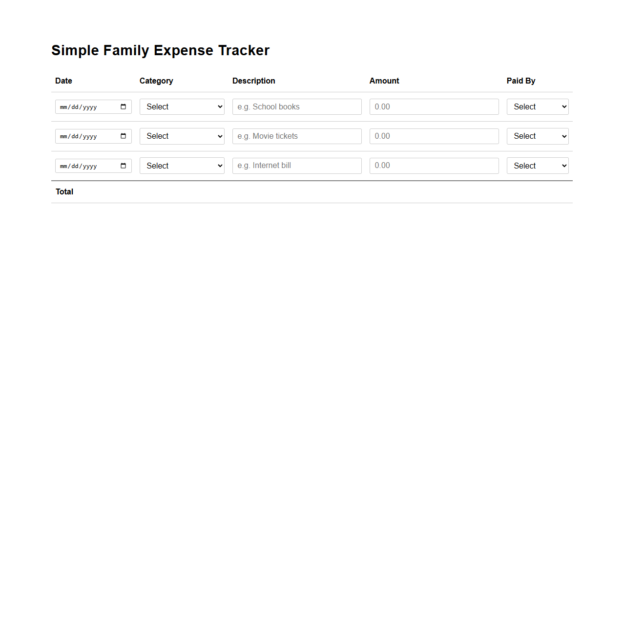 Simple Family Expense Tracker Spreadsheet