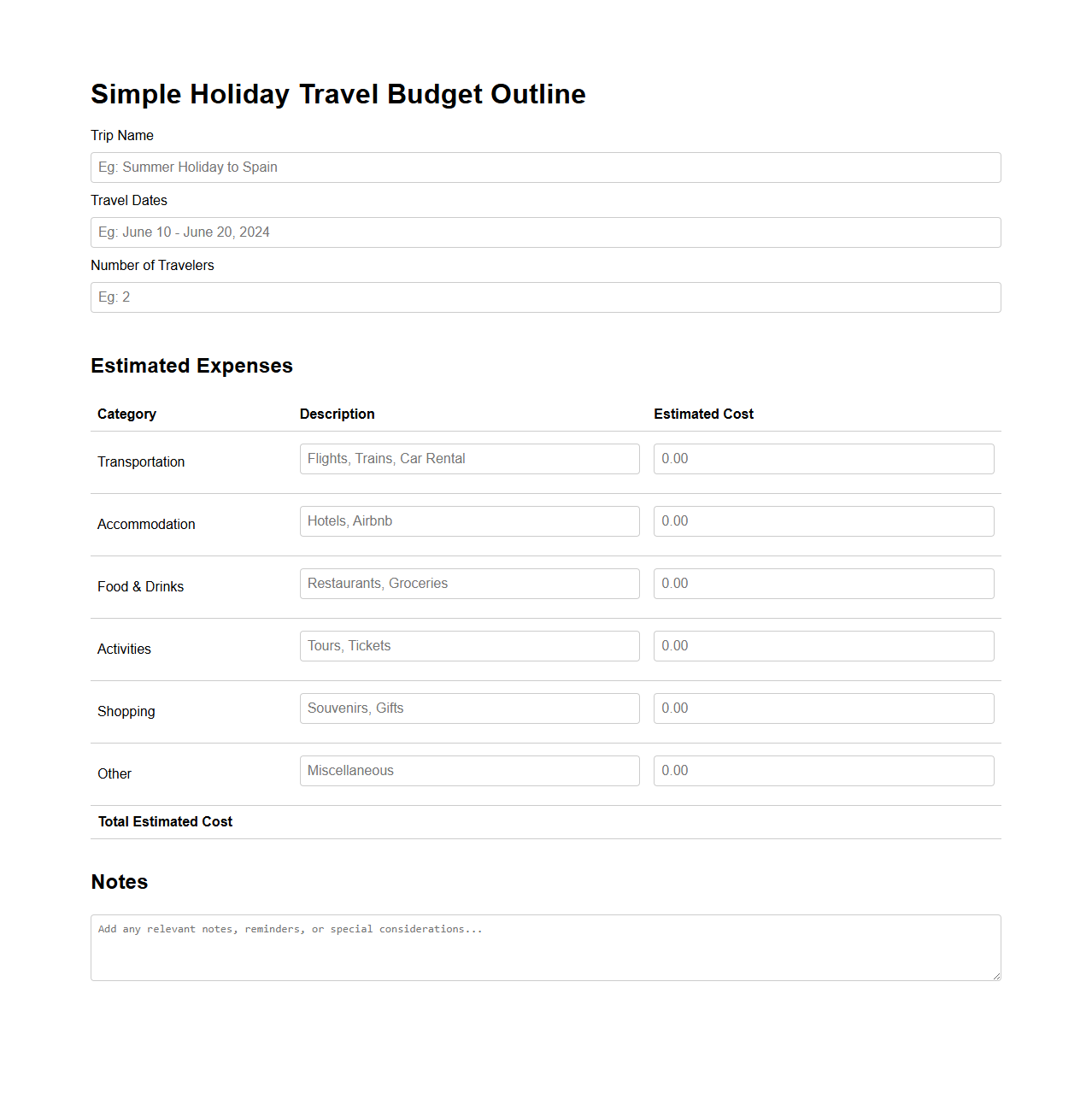 Simple Holiday Travel Budget Outline