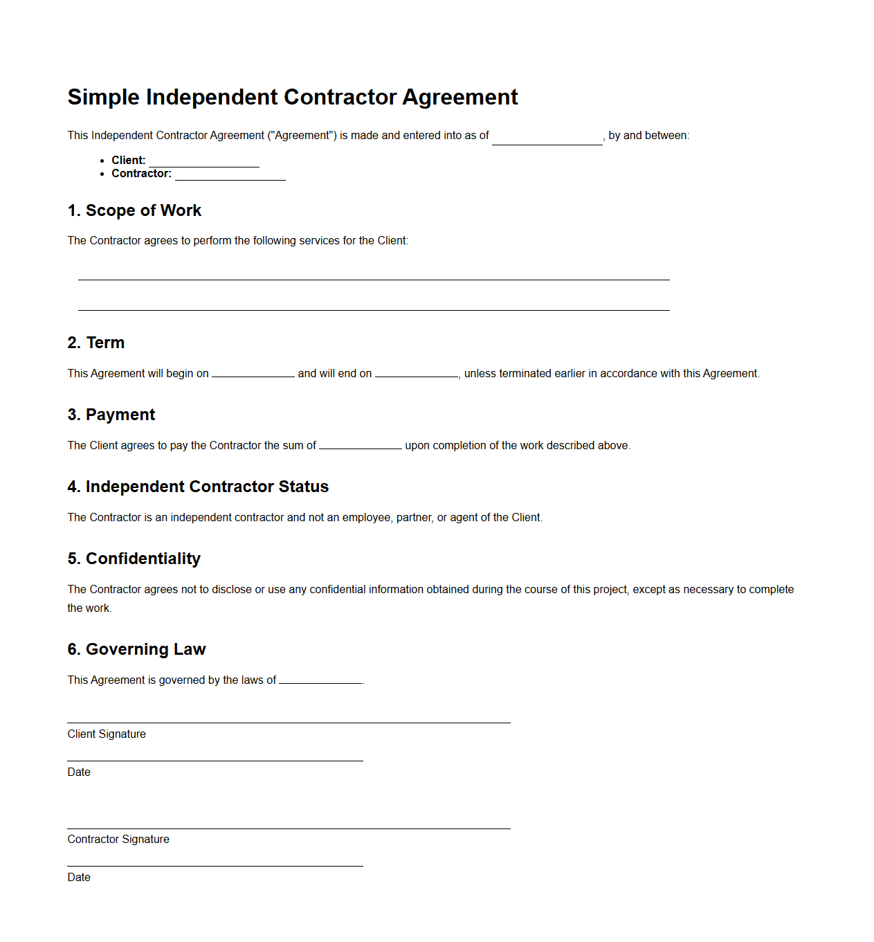 Simple Independent Contractor Agreement Sample for Short-Term Projects