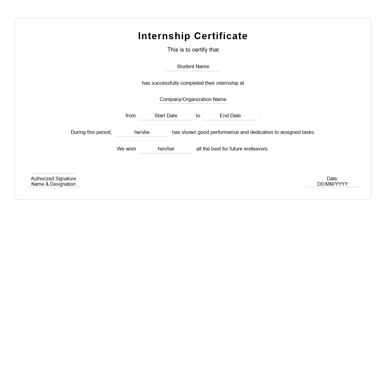 Simple Internship Certificate Template for Students