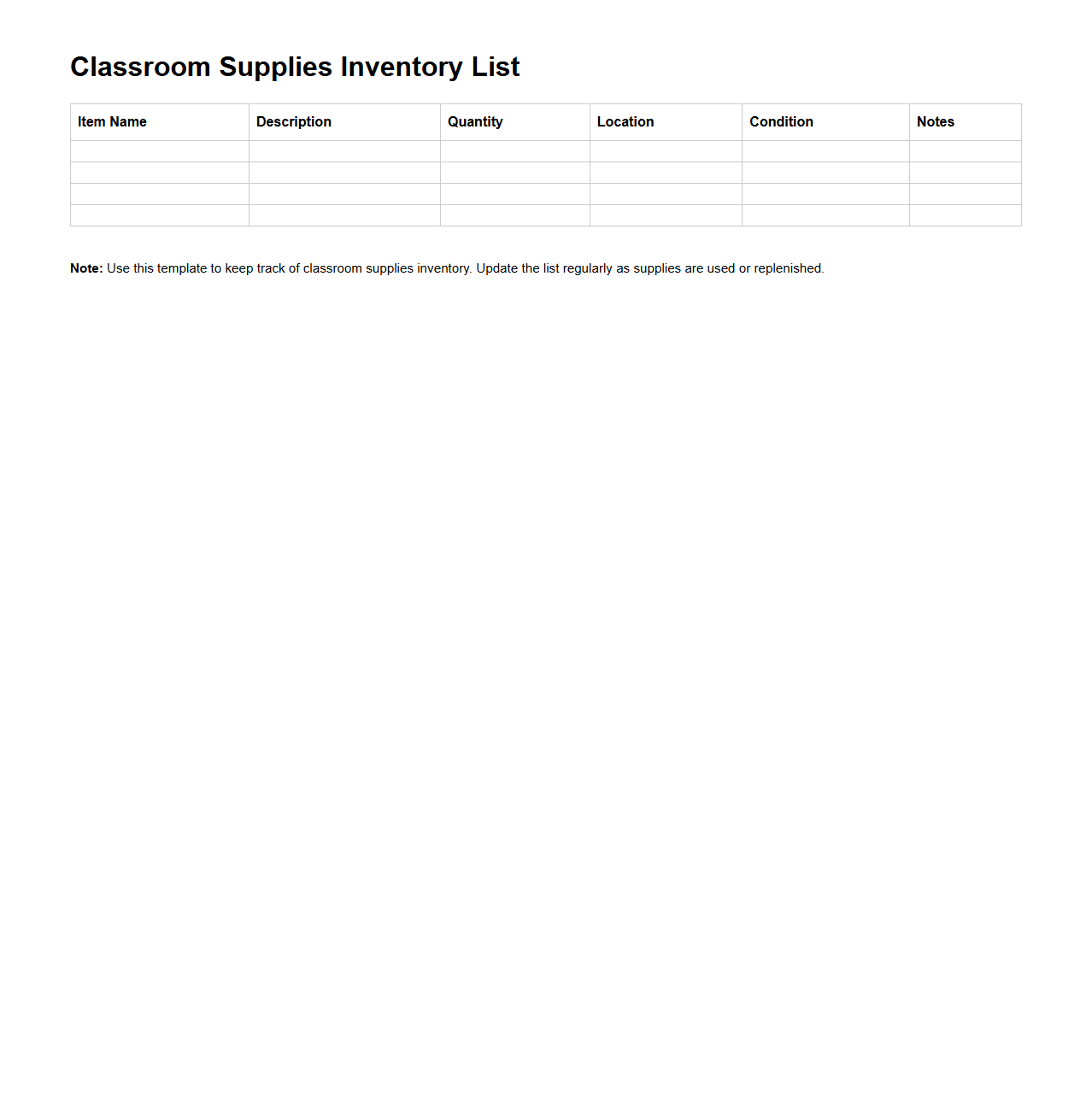 Simple Inventory List Template for Classroom Supplies