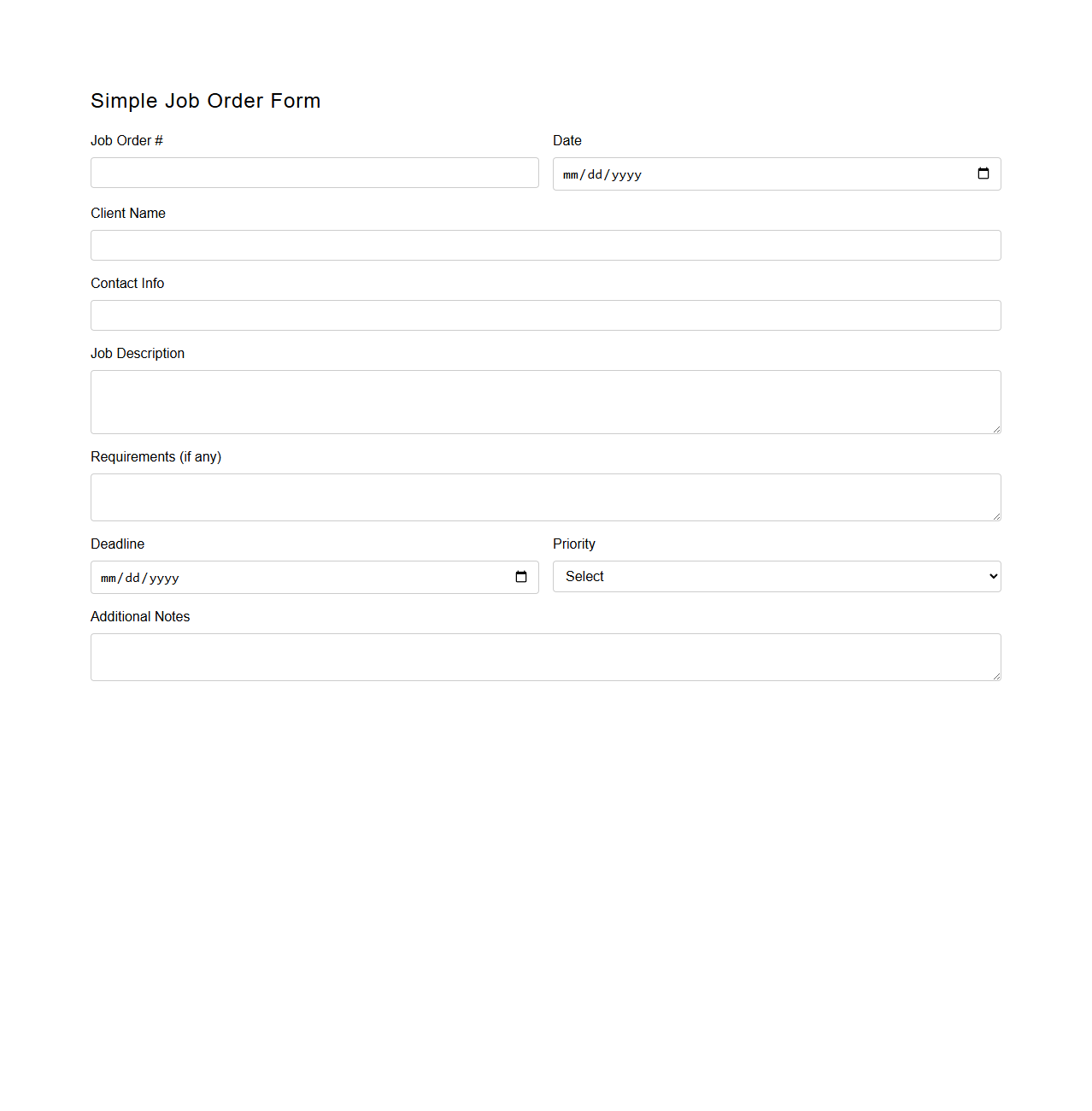 Simple Job Order Form Template
