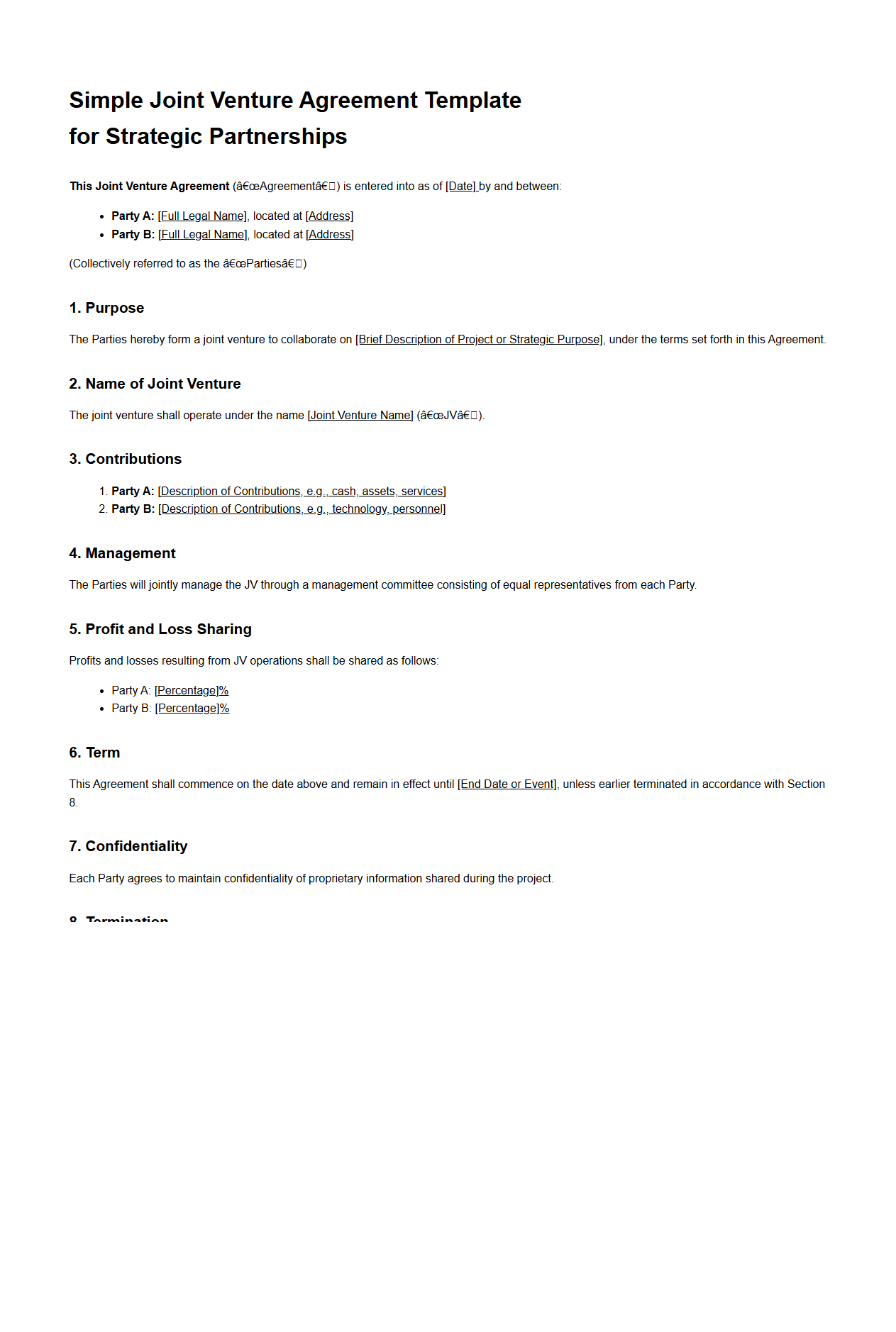 Simple Joint Venture Agreement Template for Strategic Partnerships