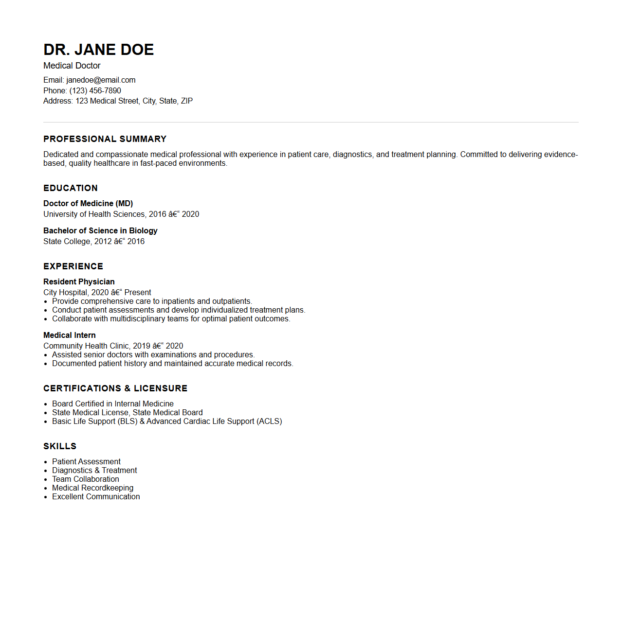 Simple Medical Professional Resume Template