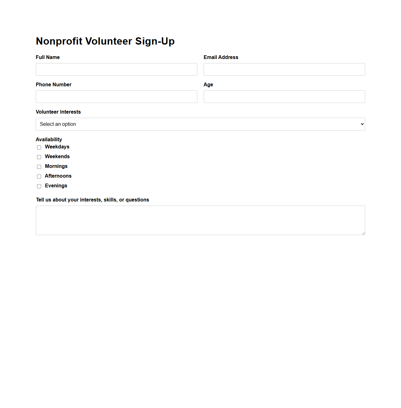 Simple Nonprofit Volunteer Sign-Up Form Template