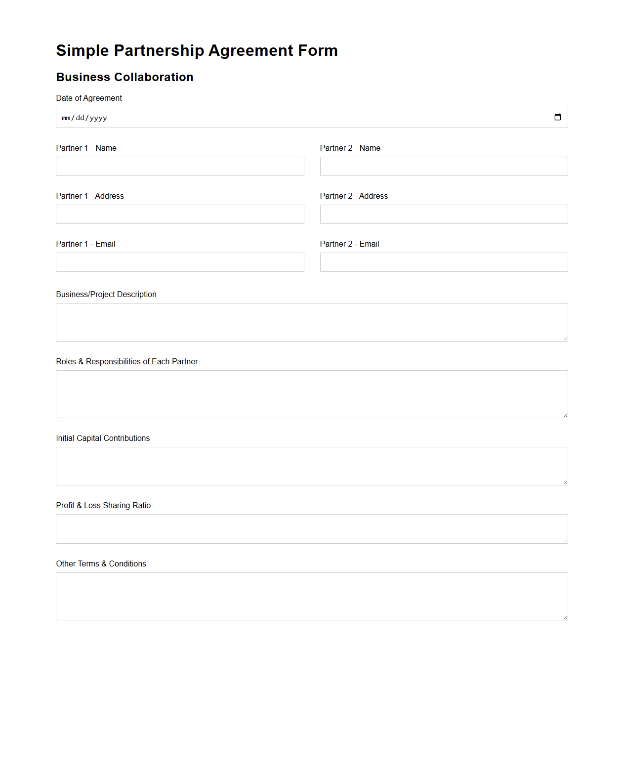 Simple Partnership Agreement Form for Business Collaboration