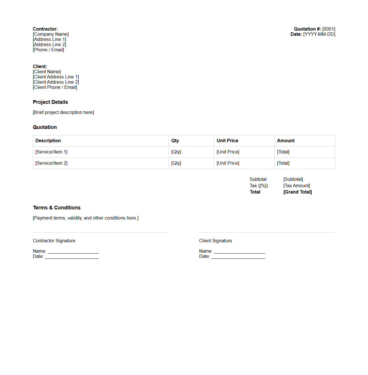 Simple Project Quotation Template for Contractors