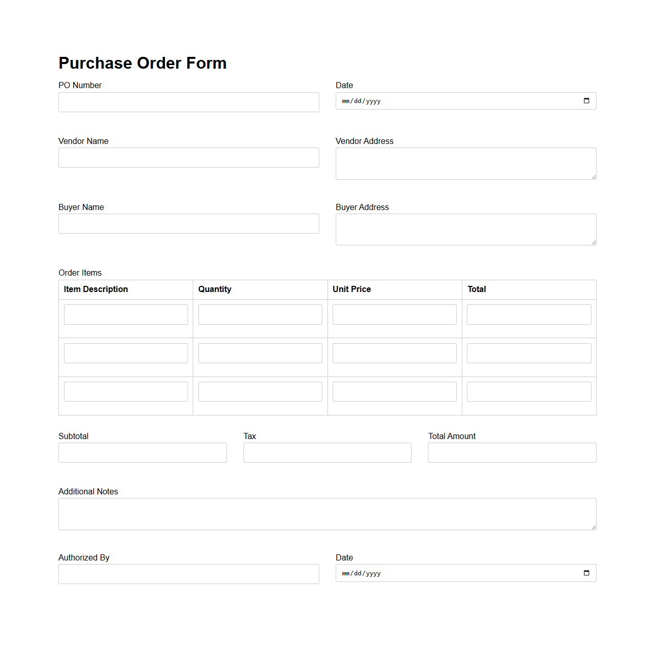 Simple Purchase Order Form for Business Transactions