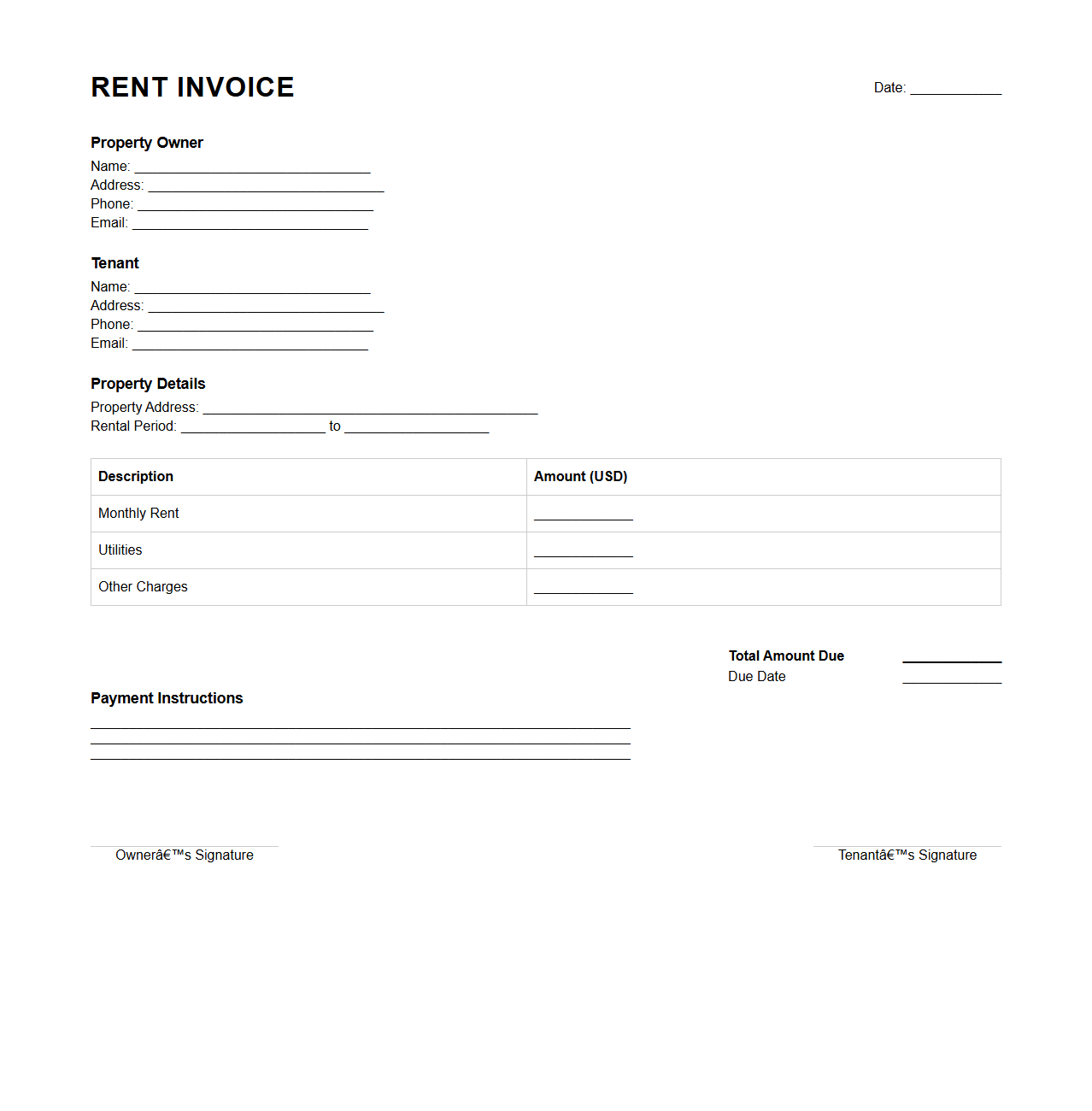 Simple Rent Invoice Format for Property Owners