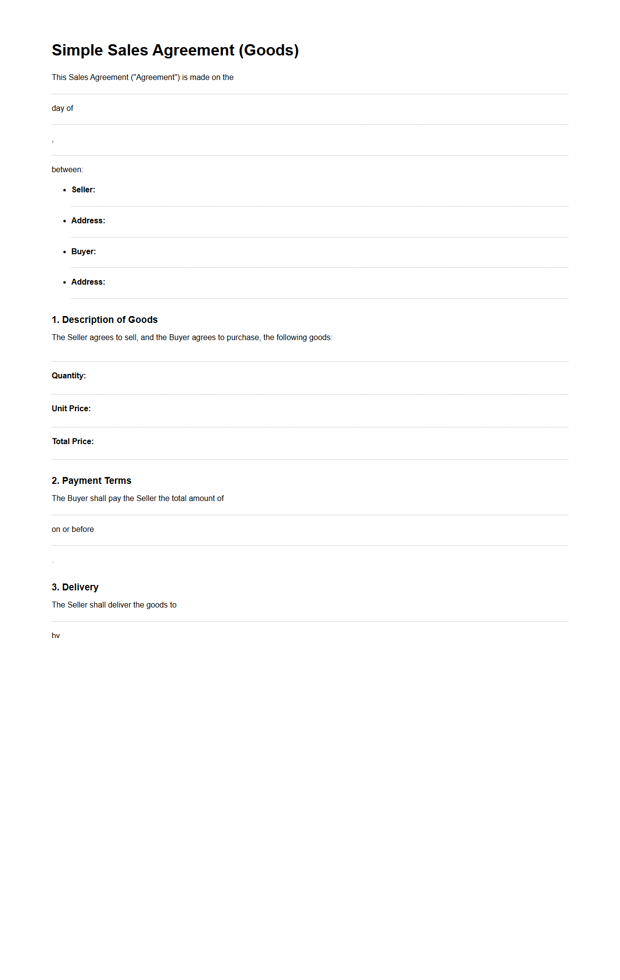Simple Sales Agreement Template for Goods