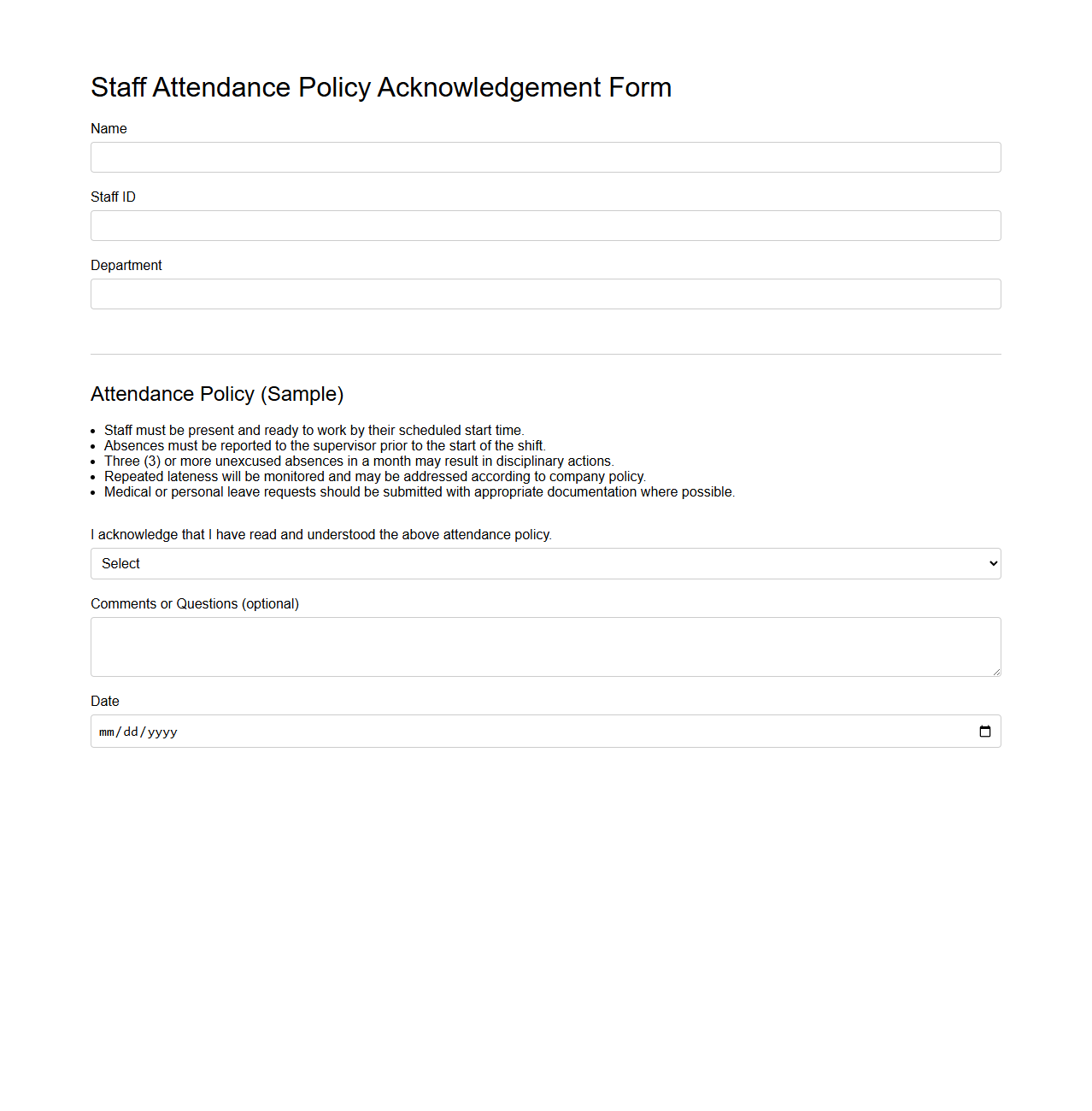 Simple Staff Attendance Policy Form for Organizations