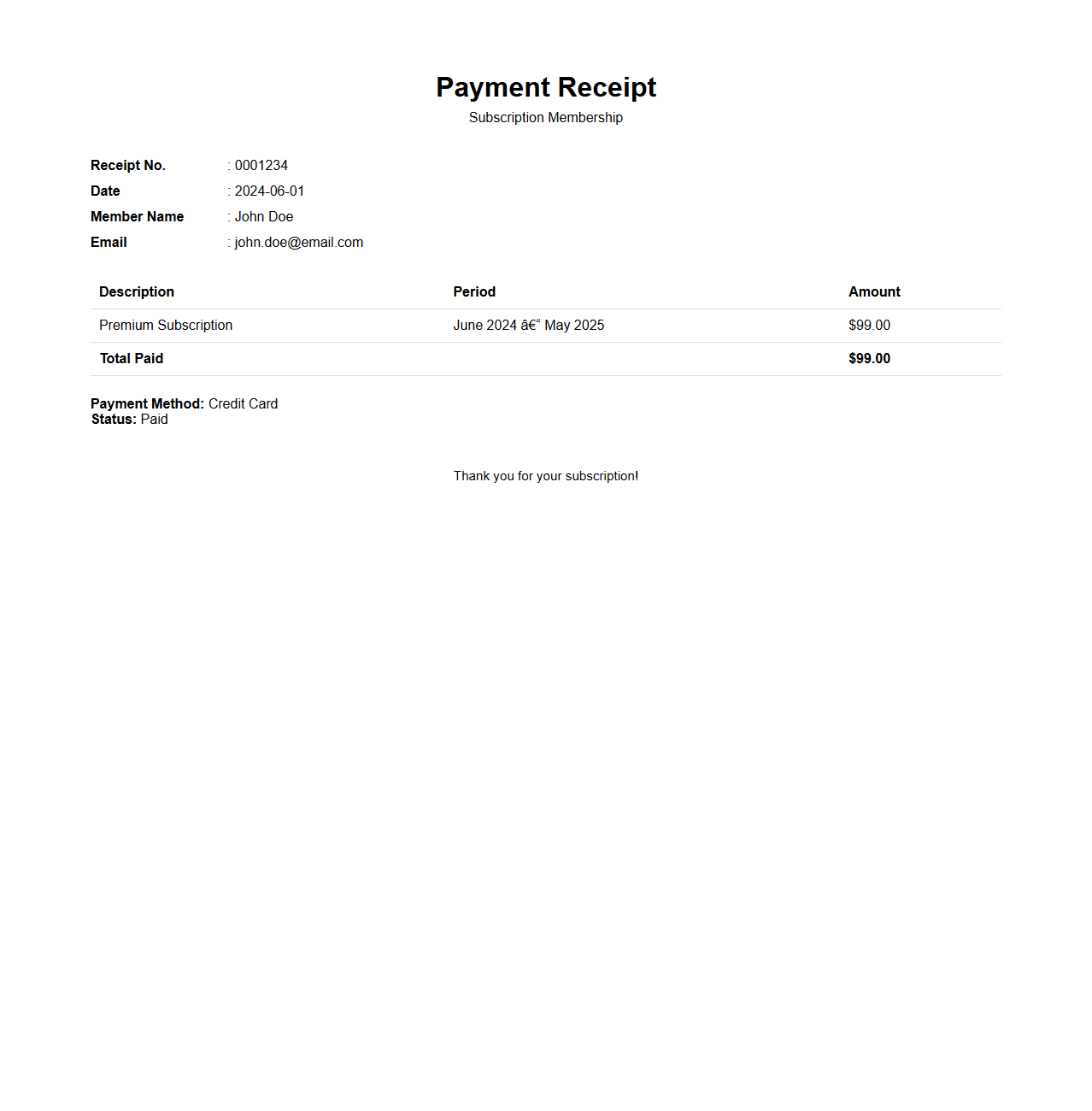 Simple Subscription Membership Payment Receipt