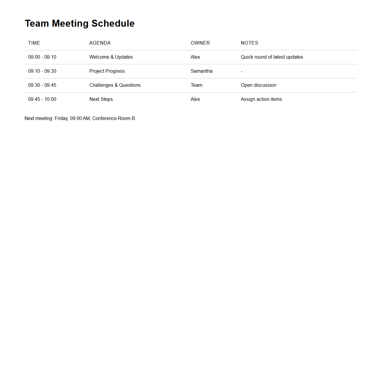 Simple Team Meeting Schedule Layout