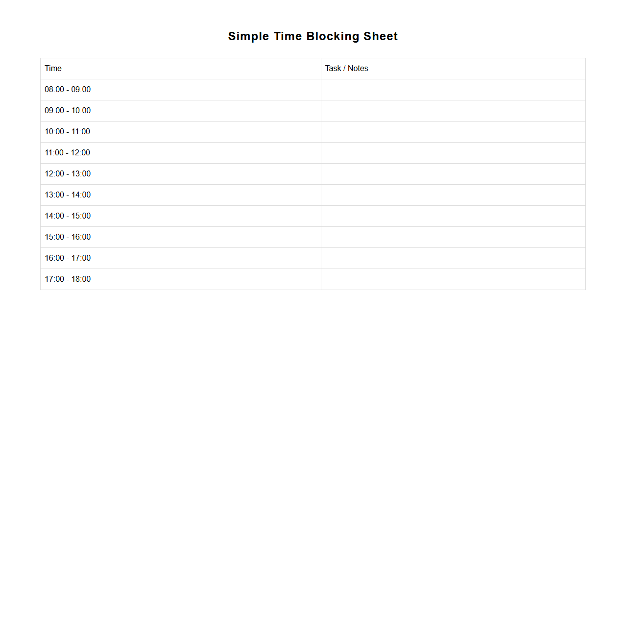 Simple Time Blocking Sheet with Hourly Slots