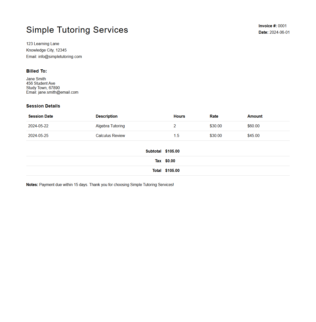 Simple Tutoring Services Invoice Layout