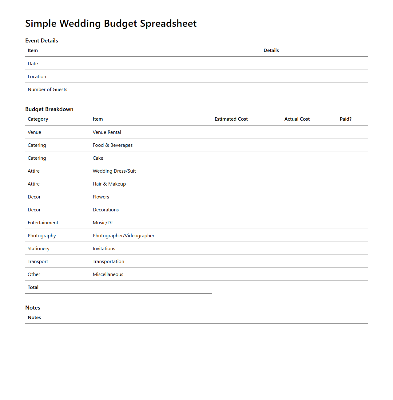 Simple Wedding Budget Spreadsheet for Event Planning
