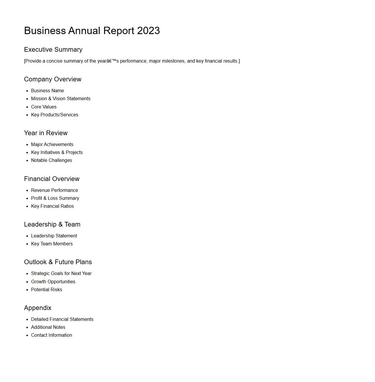 Simplified Business Annual Report Outline