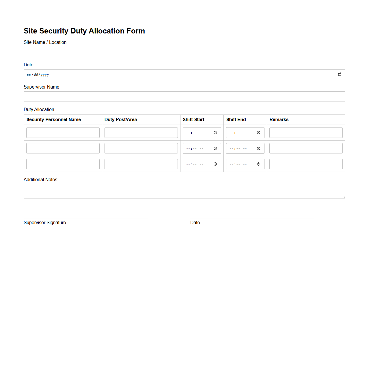 Site Security Duty Allocation Form