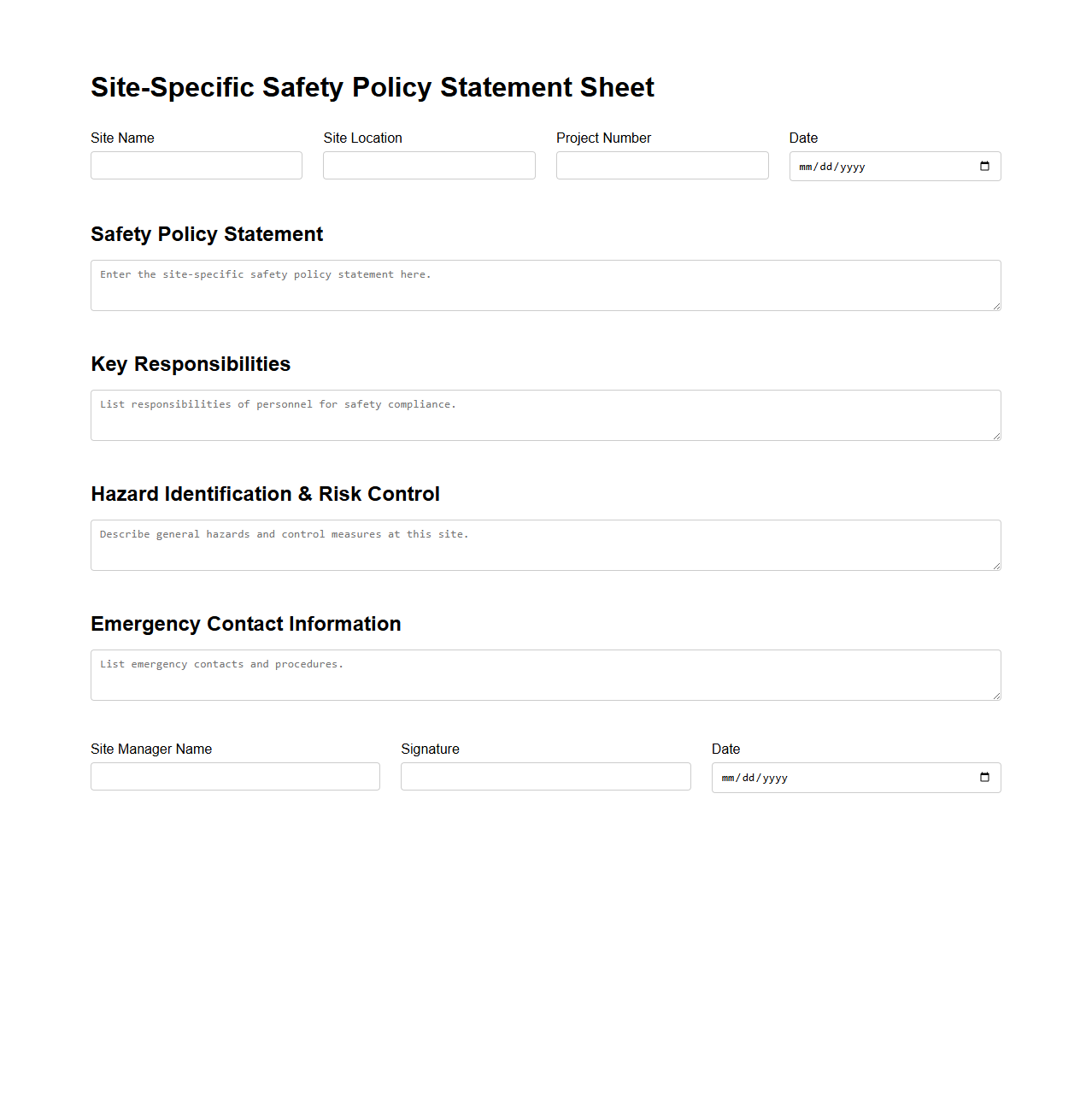 Site-Specific Safety Policy Statement Sheet