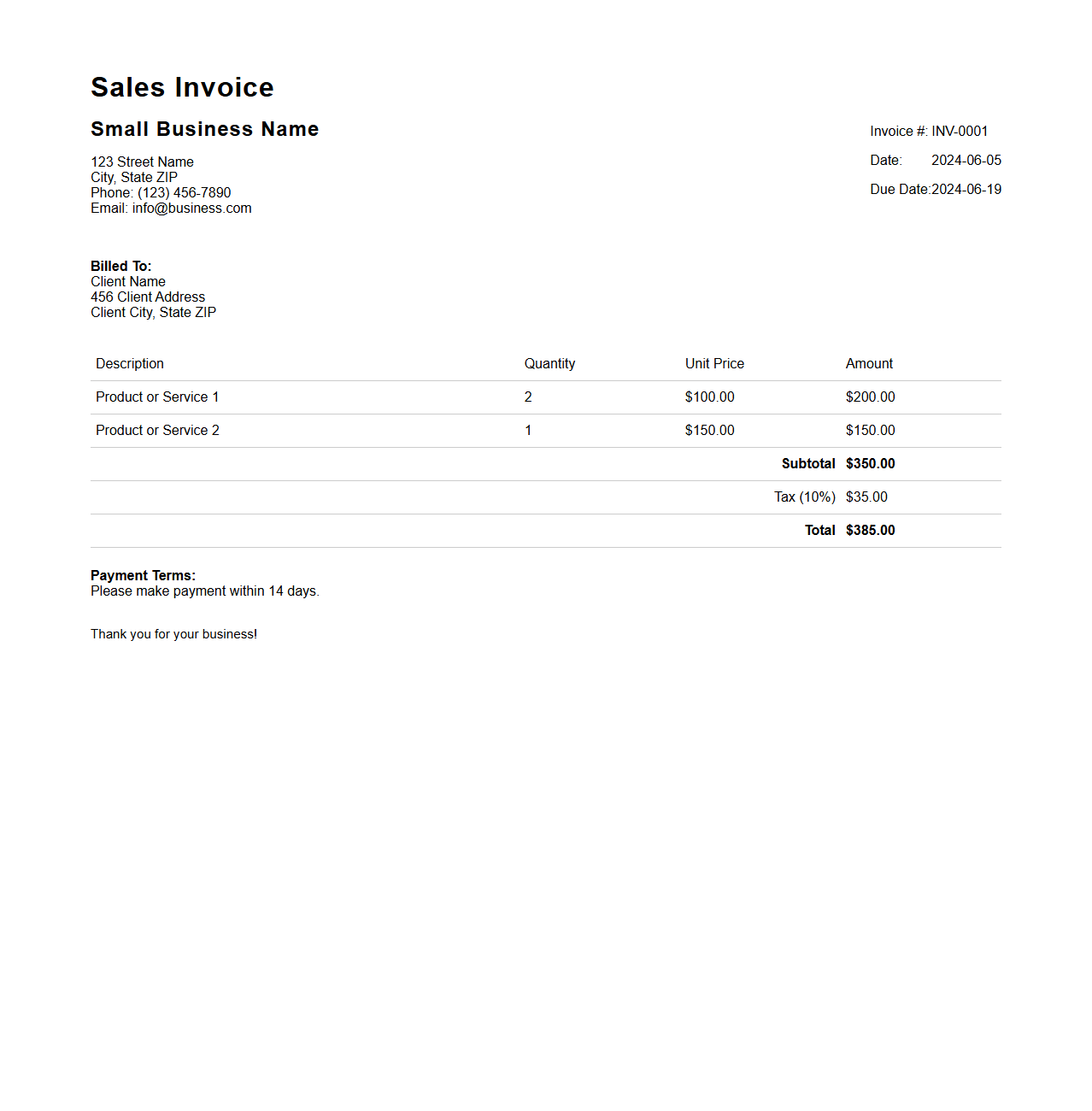 Small Business Sales Invoice Template