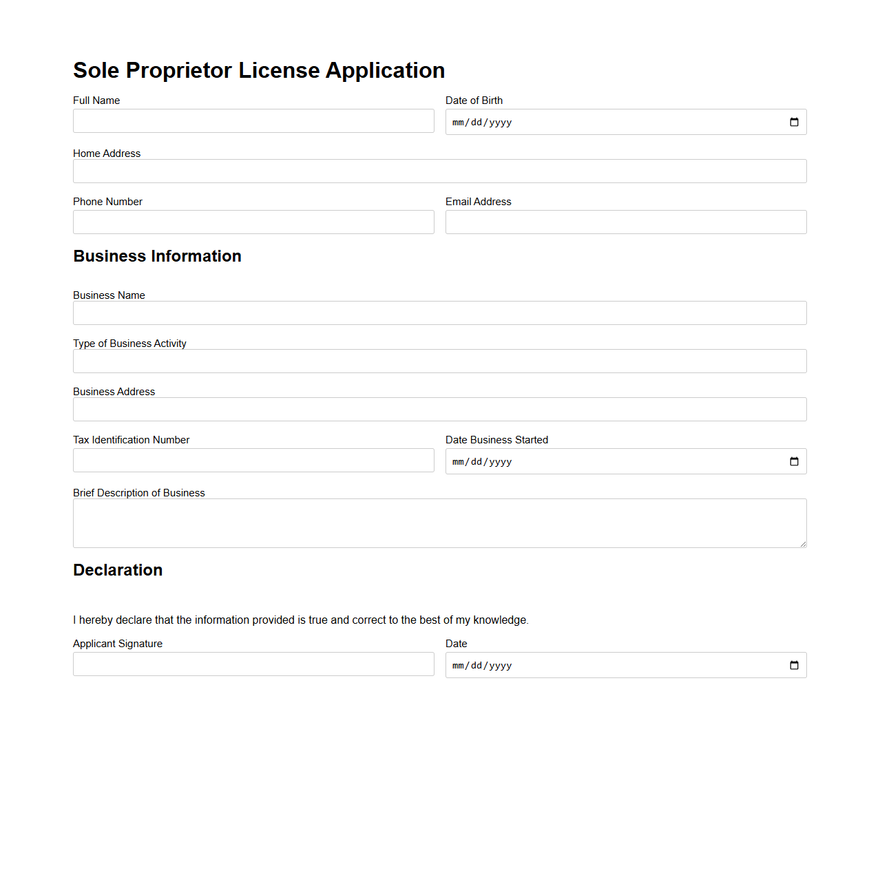 Sole Proprietor License Application Example