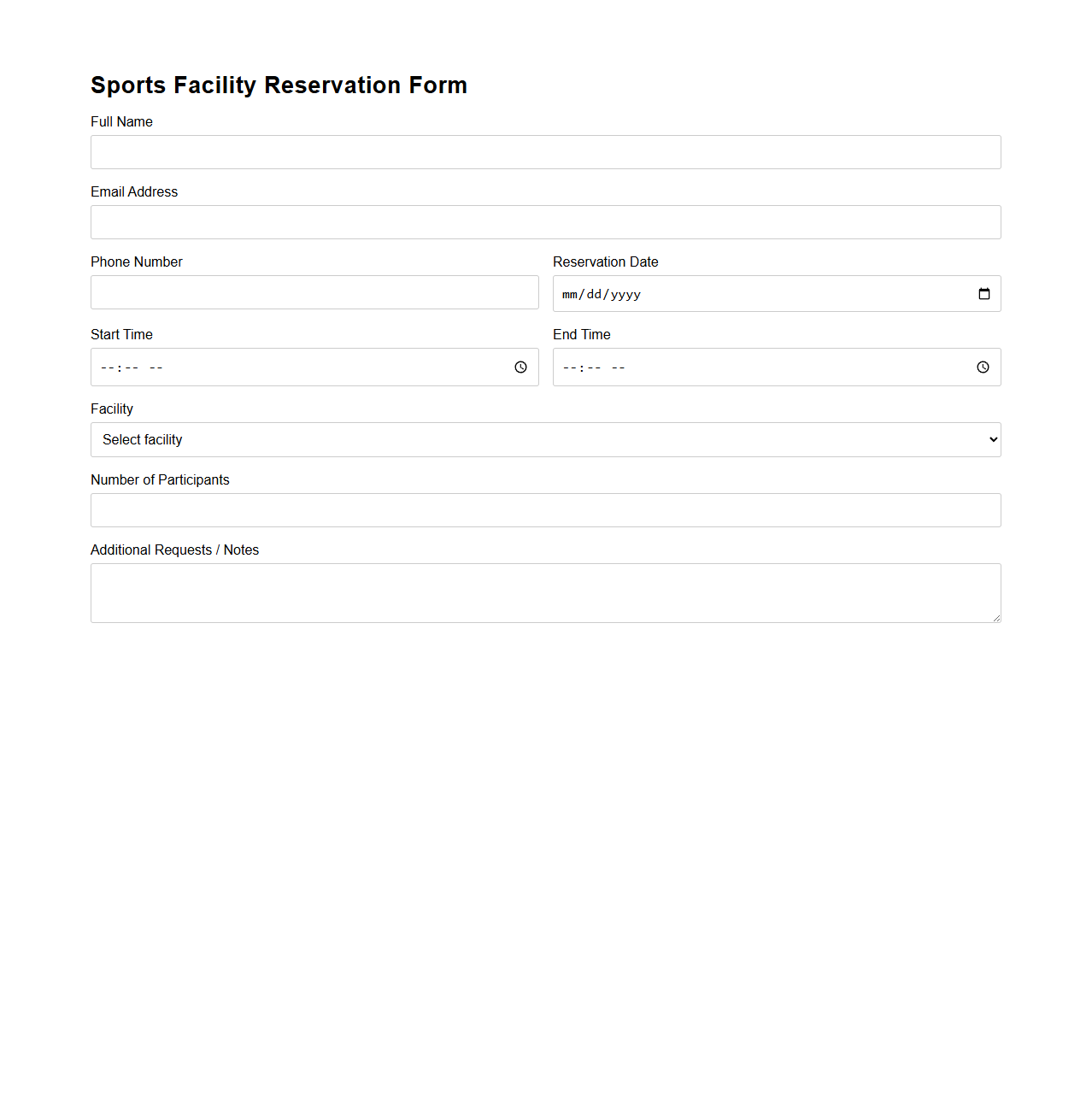 Sports Facility Reservation Form Template