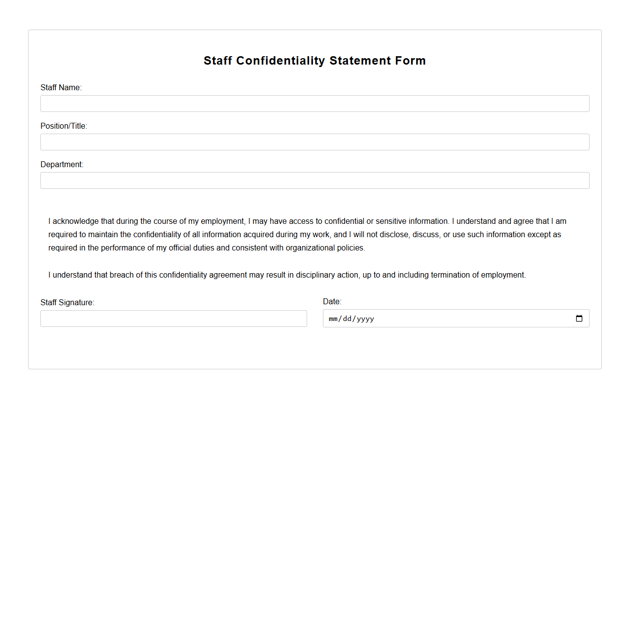 Staff Confidentiality Statement Form