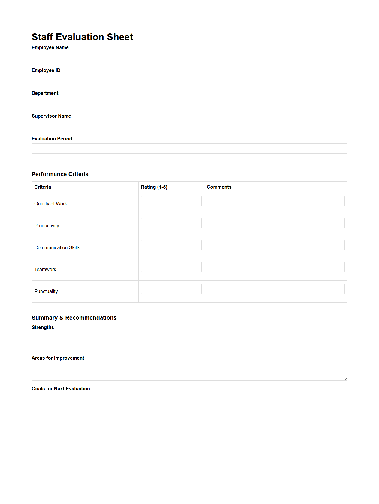 Staff Evaluation Sheet Template