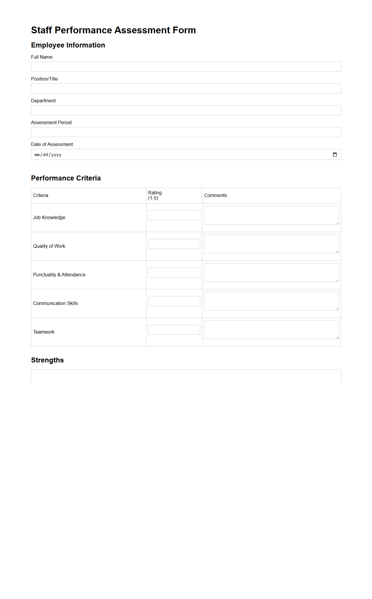 Staff Performance Assessment Form Template