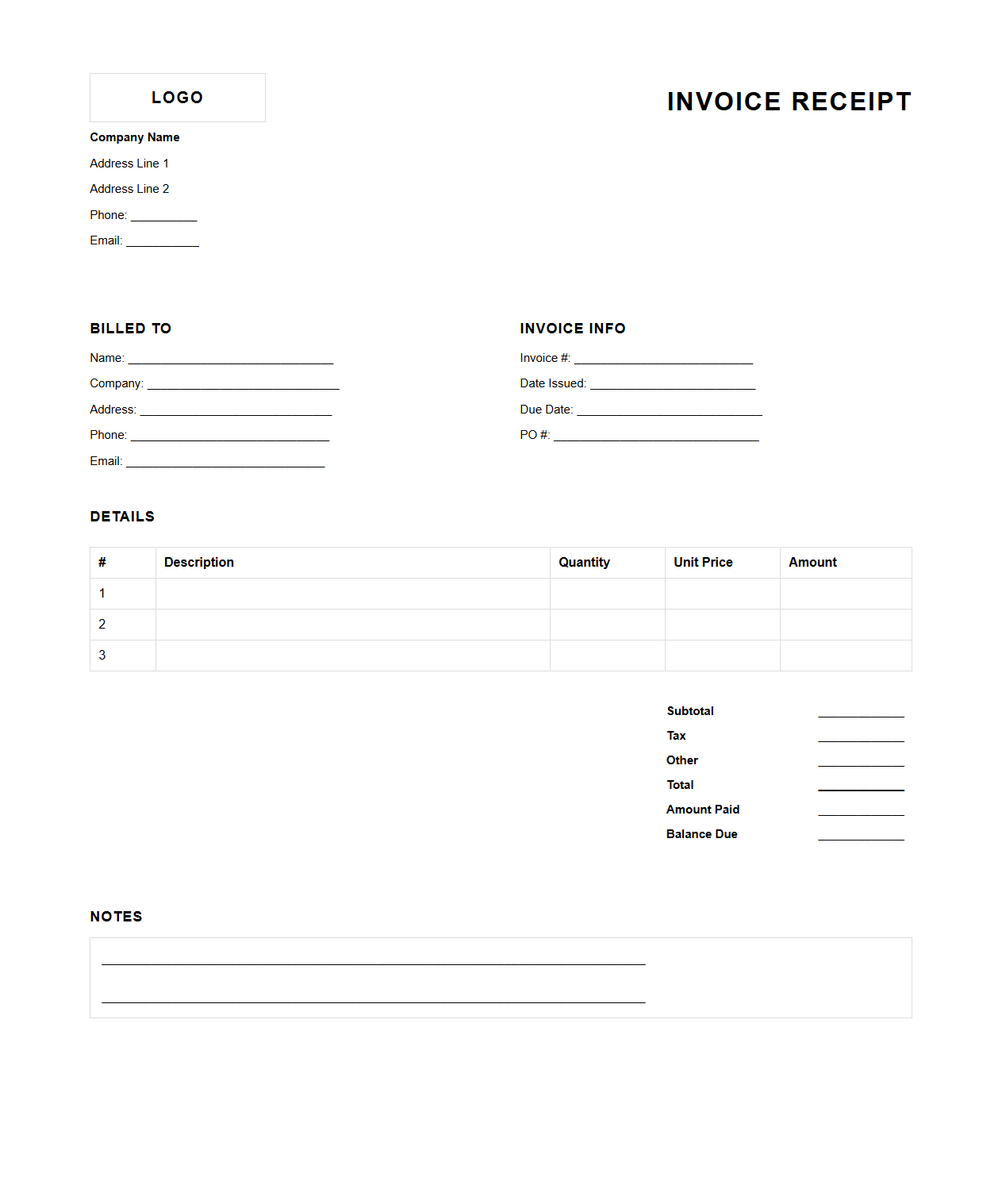 Standard Blank Invoice Receipt Document for Enterprises
