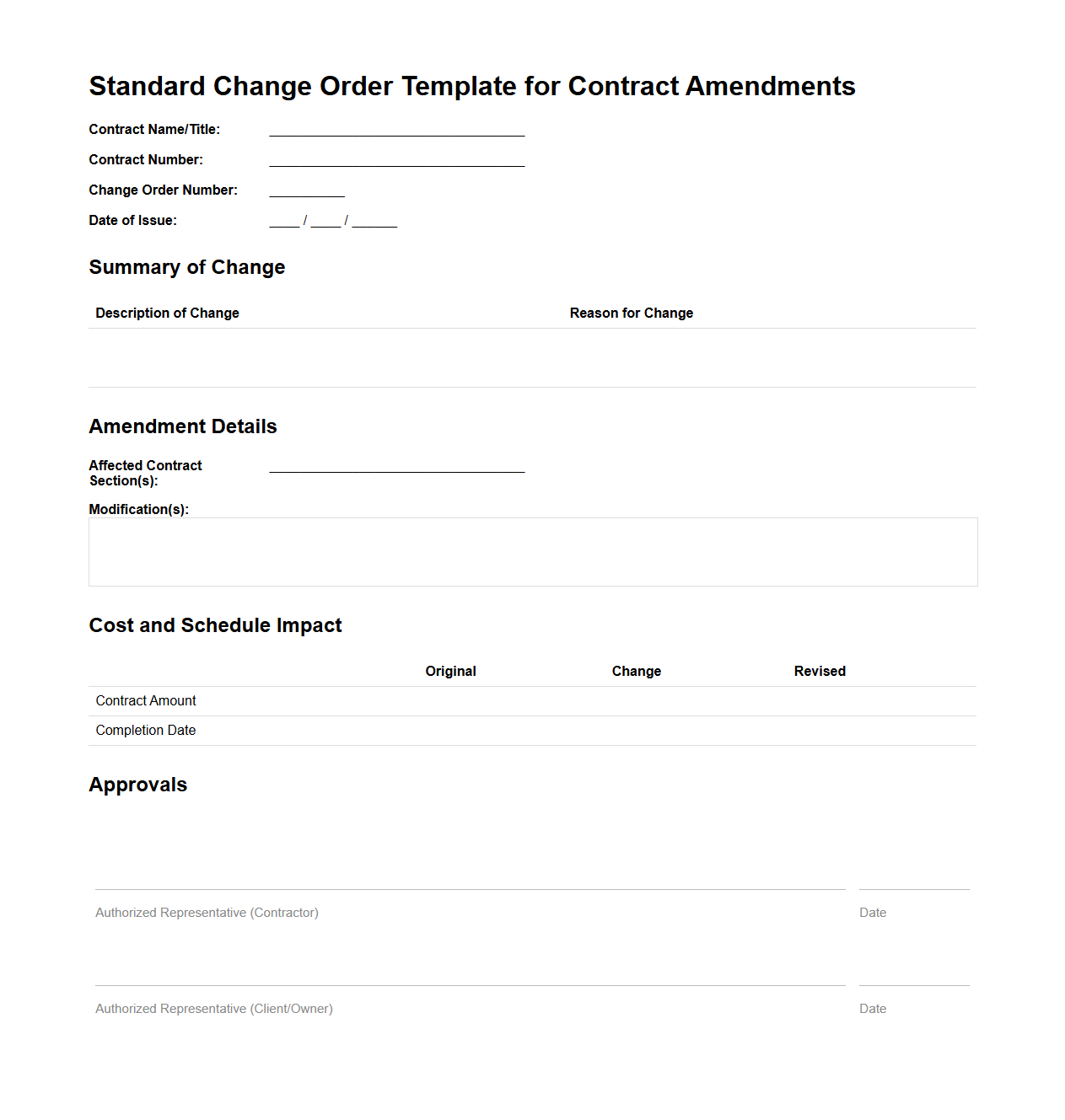 Standard Change Order Template for Contract Amendments